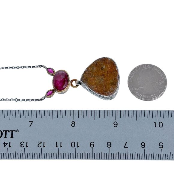 Red Ruby Druzy Quartz Lavalier Necklace | Vintage Sterling Silver 925 | 15" - Picture 4 of 4
